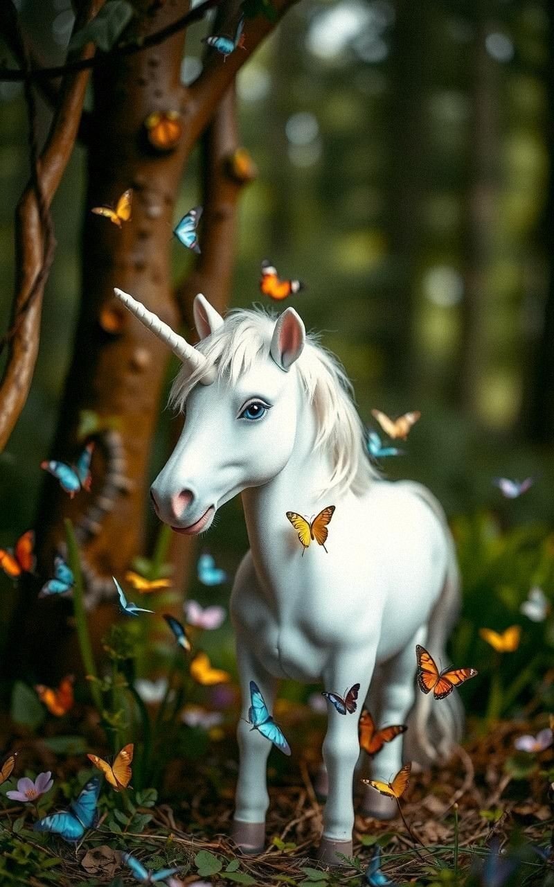 Unicorn With Butterfly Companions In Enchanted Forest