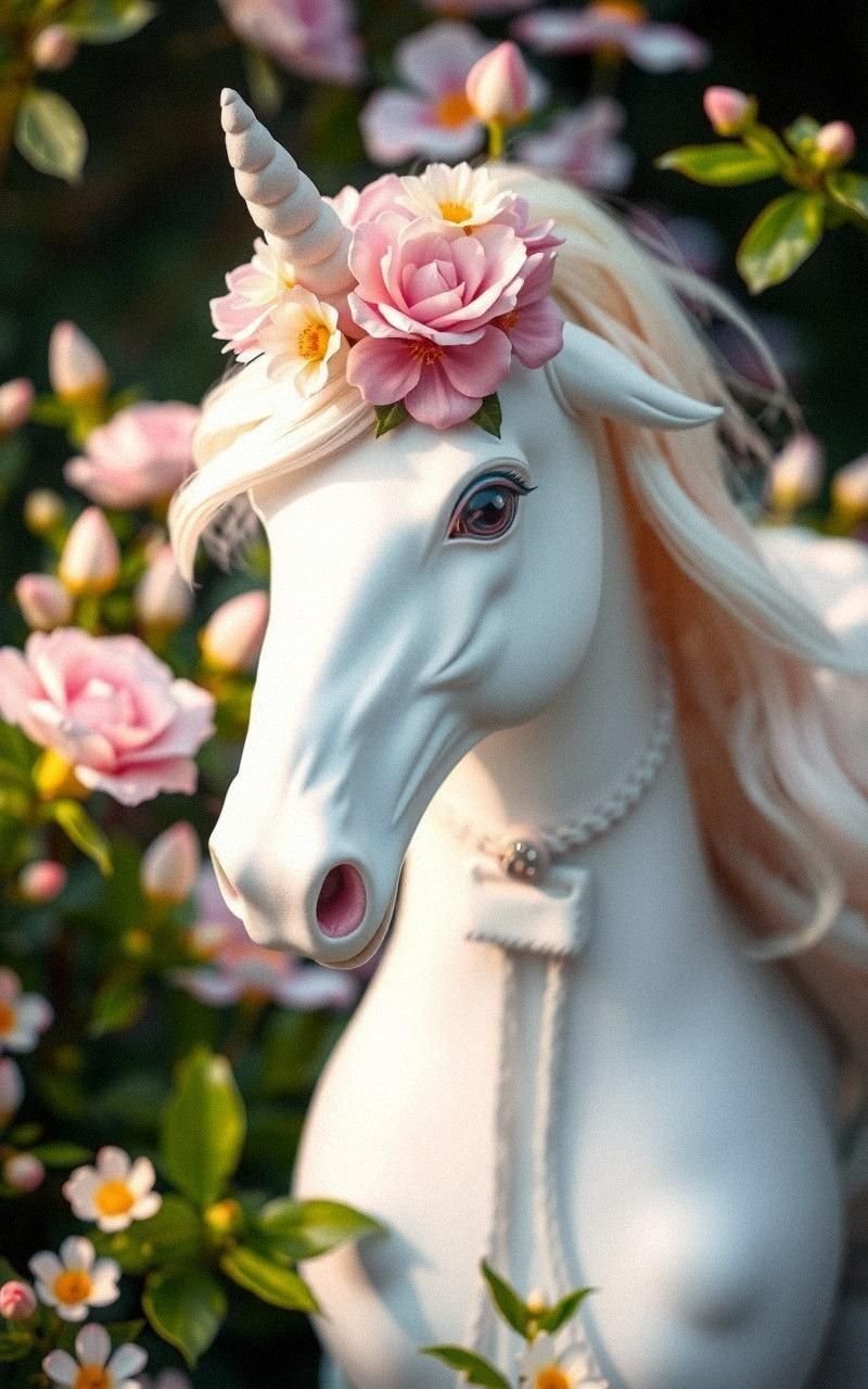 Unicorn With Floral Crown In Enchanted Garden