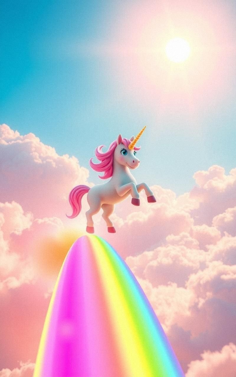 Whimsical Unicorn Flying Over Rainbow Bridge