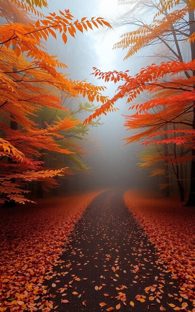Autumn Fog Lingering Over Leaf-Covered Trail