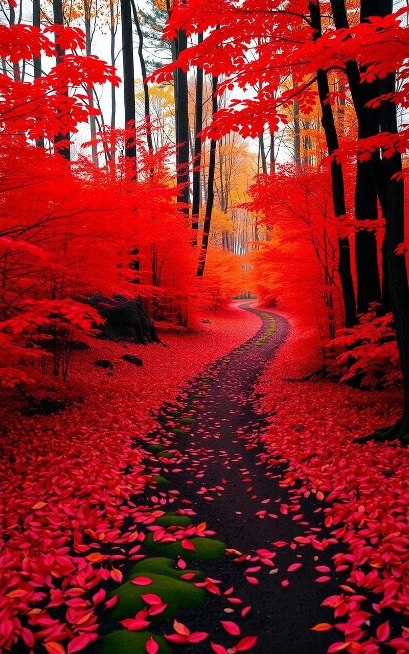 Crimson Leaves Decorating a Forest Path