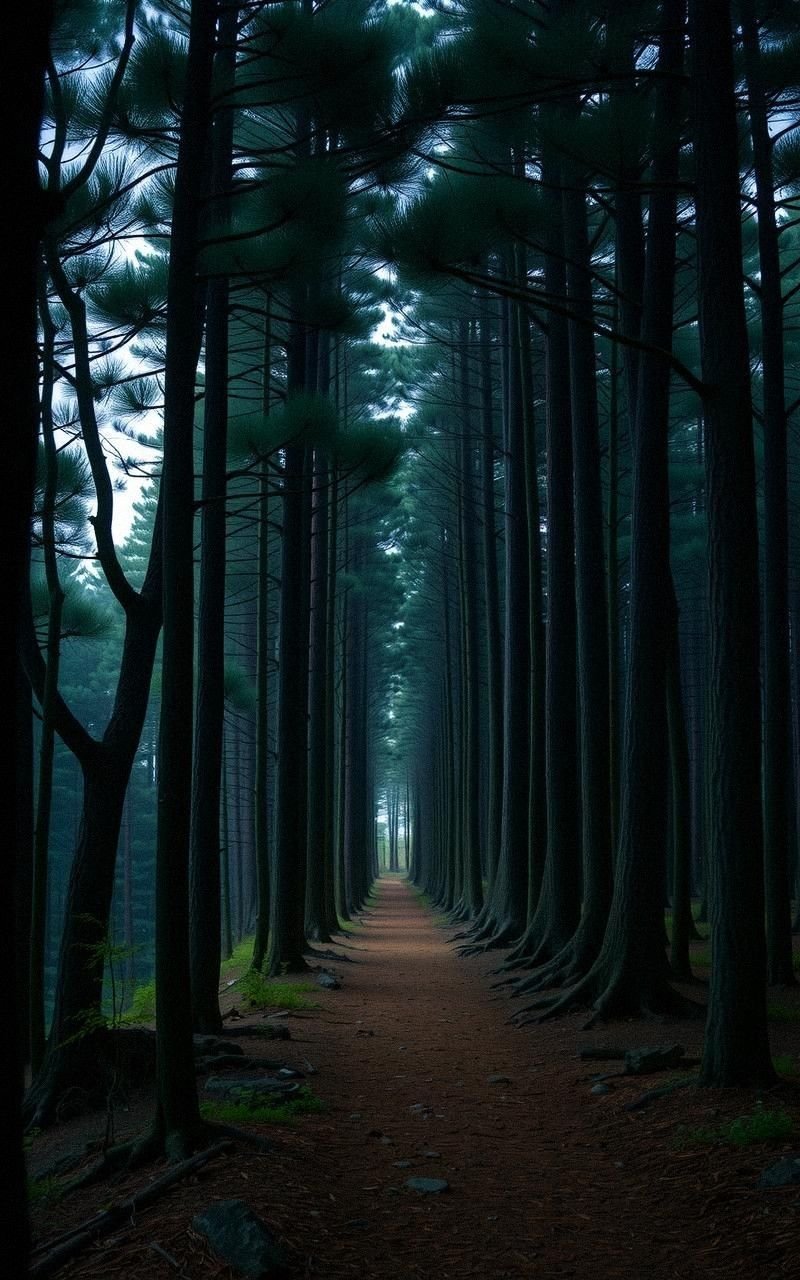 Dark Enchanted Path Beneath Towering Pines