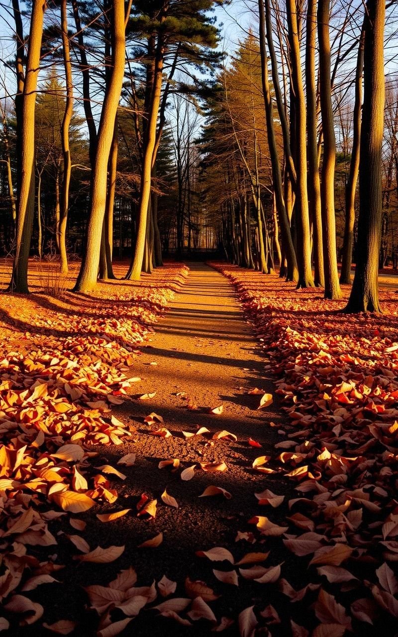 Golden Hour Glow on a Leaf-Strewn Path