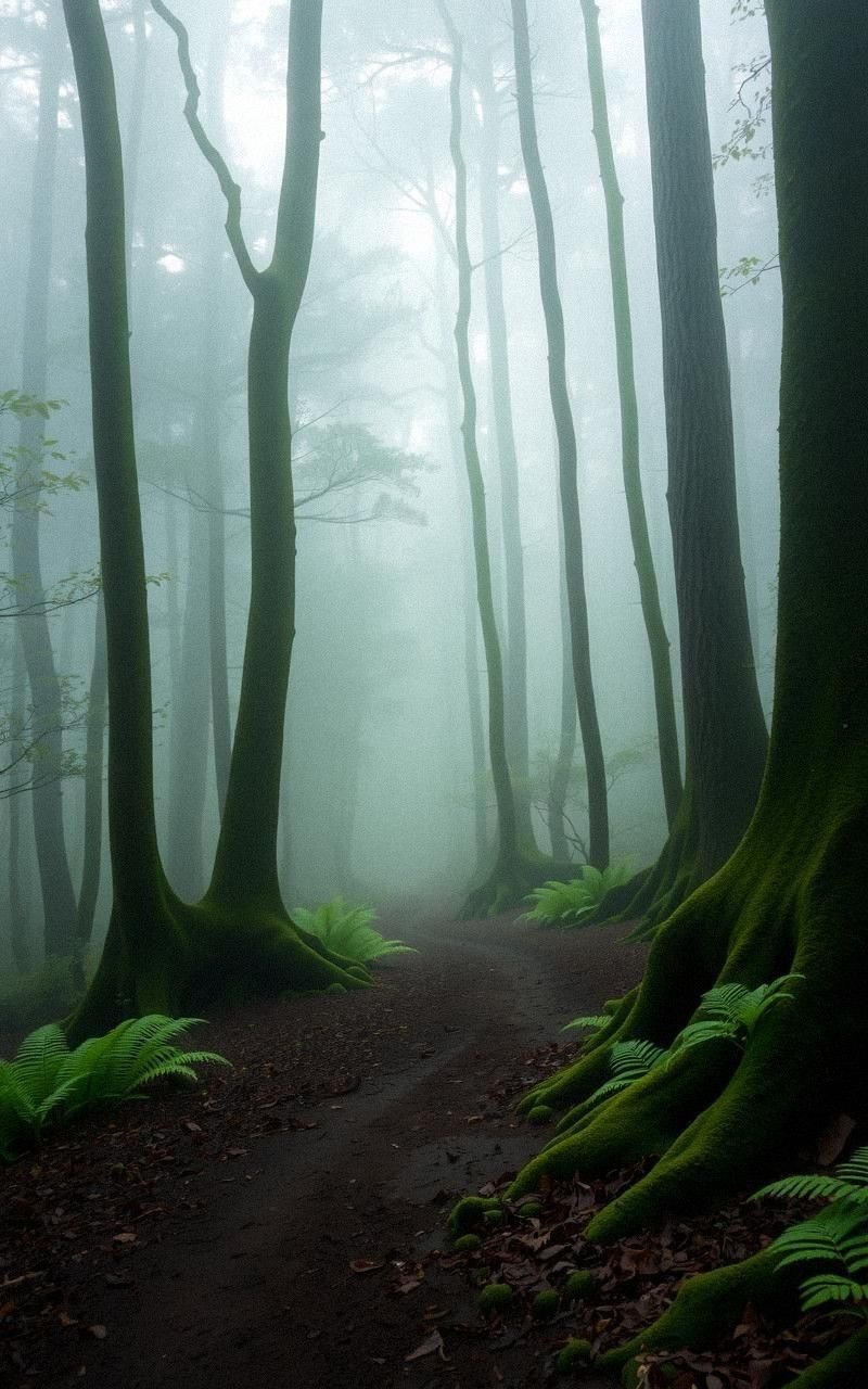 Mysterious Fog Hanging Over a Dense Green Path