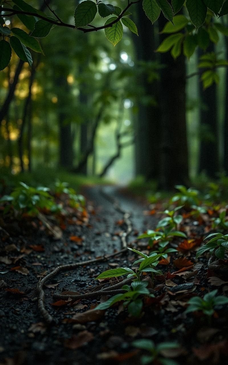 Rain-Kissed Forest Path with Shimmering Leaves