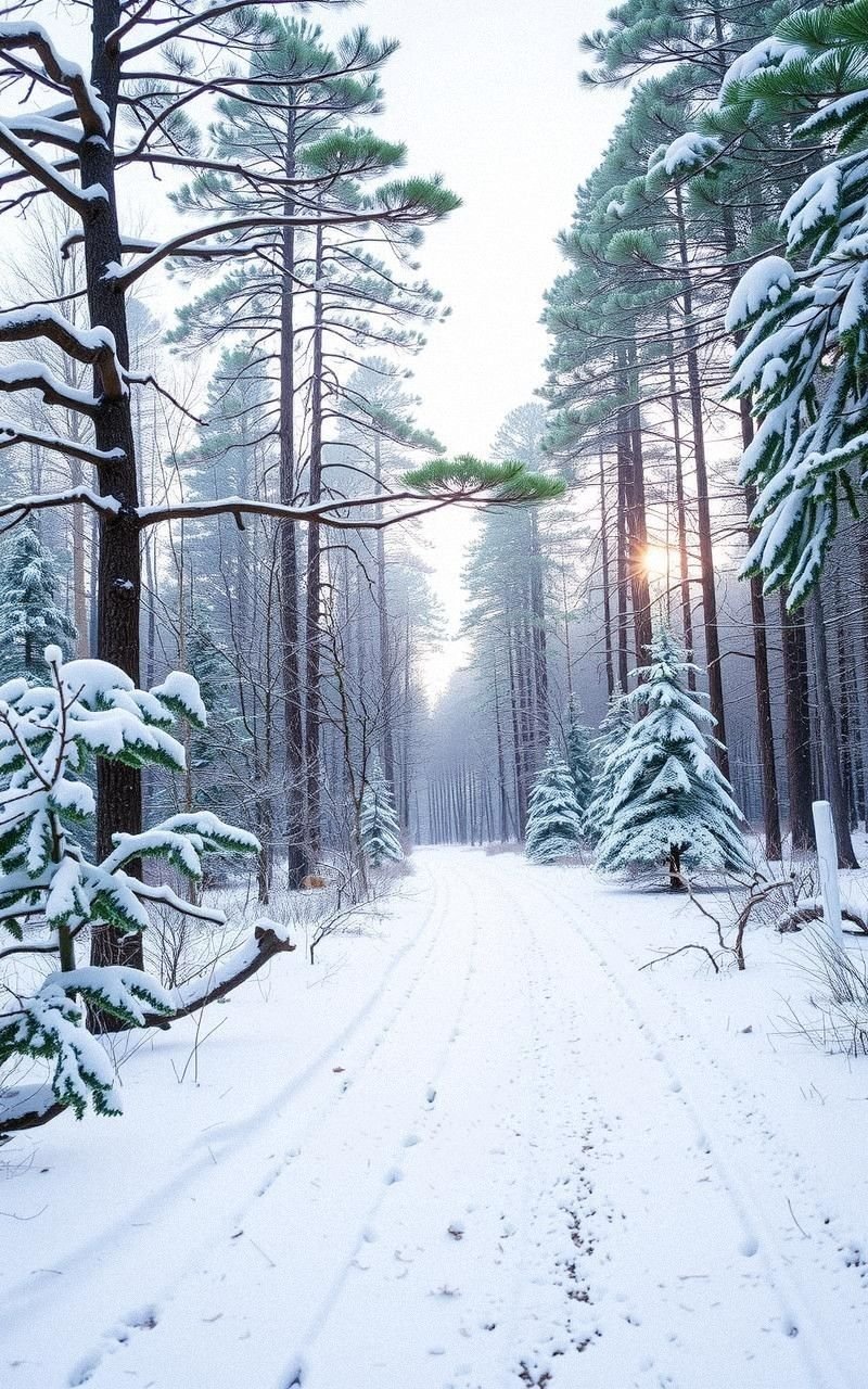 Soft Snowfall Over a Serene Forest Path