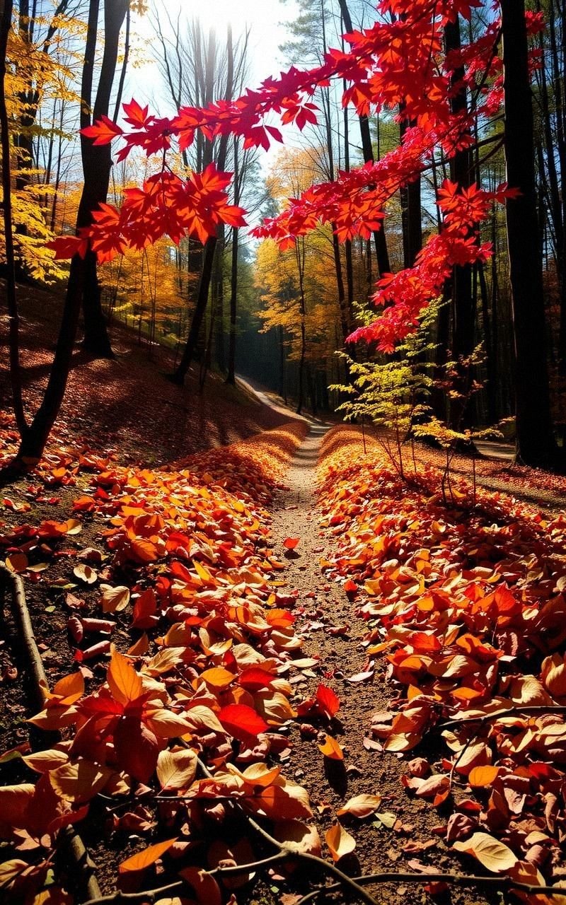 Sun-Dappled Trail Through Autumn’s Vibrant Colors