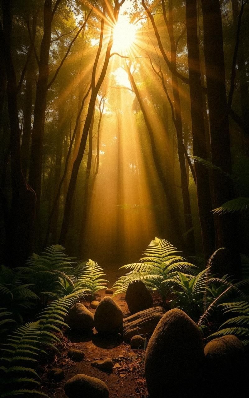 Sunbeam Piercing Through Dense Forest Canopy