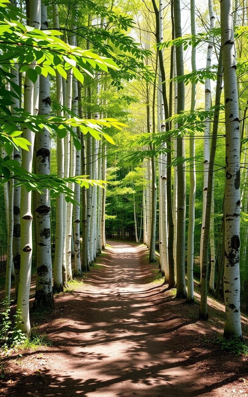 Sunlight Filtering Through Tall Birch Trees