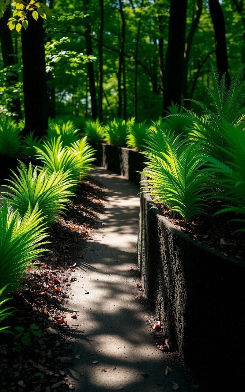Sunlit Ferns Flanking a Rustic Forest Path