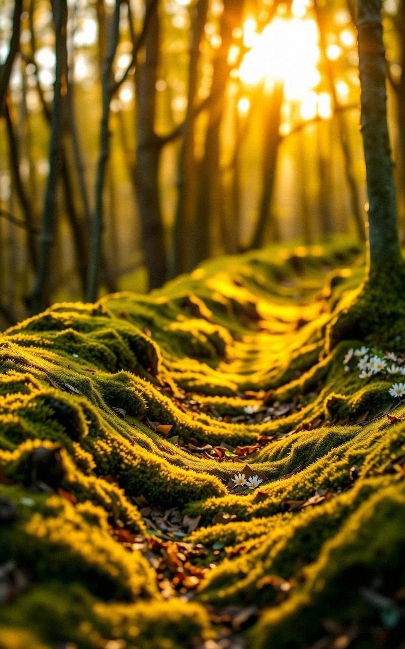 Sunrise Glow on a Mossy Forest Trail
