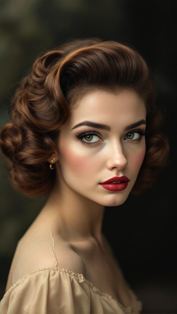 A woman with vintage pin curls, showcasing a classic hairstyle with elegant makeup.