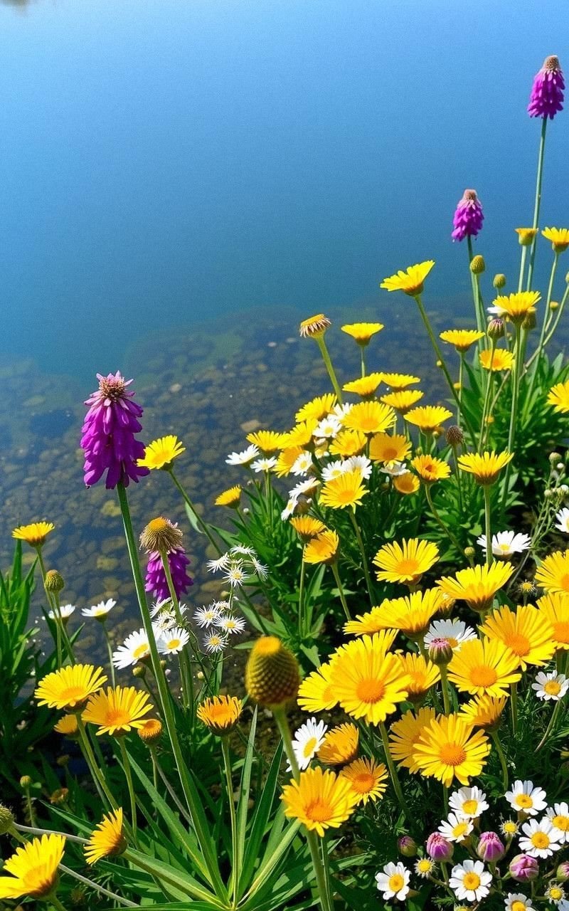 Calm Lake Surrounded by Wildflowers Reflection