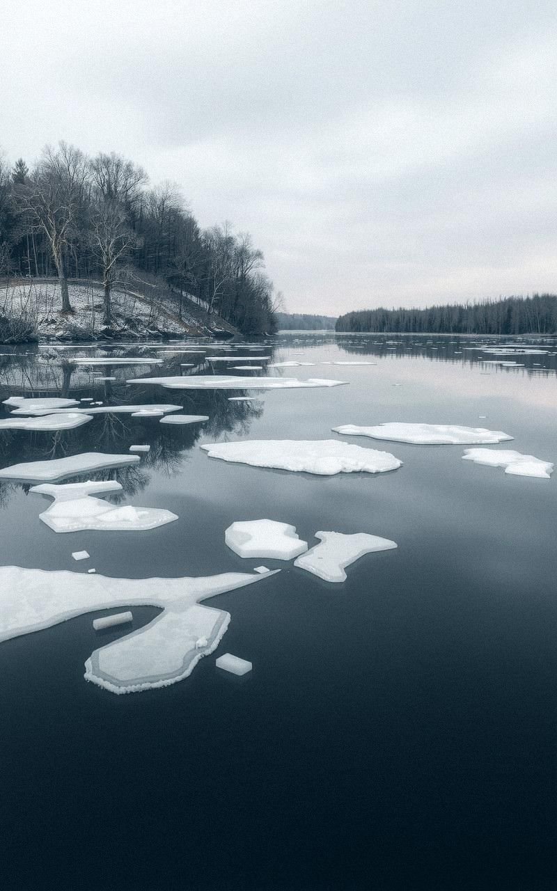 Calm Lake with Floating Ice and Reflections