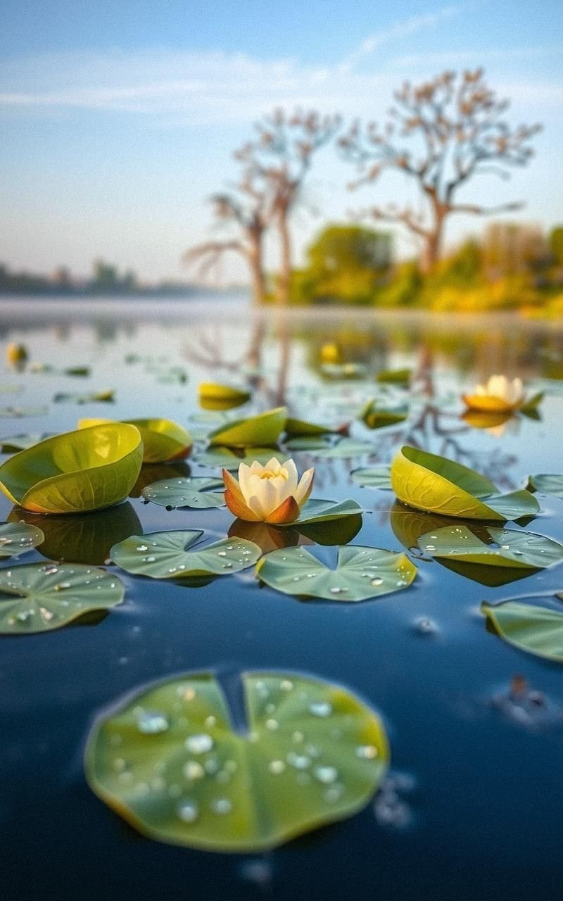 Early Morning Lake with Floating Lily Pads