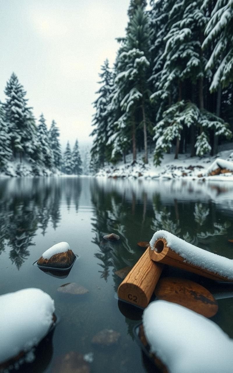 Quiet Lake Encircled by Snowy Pine Forest