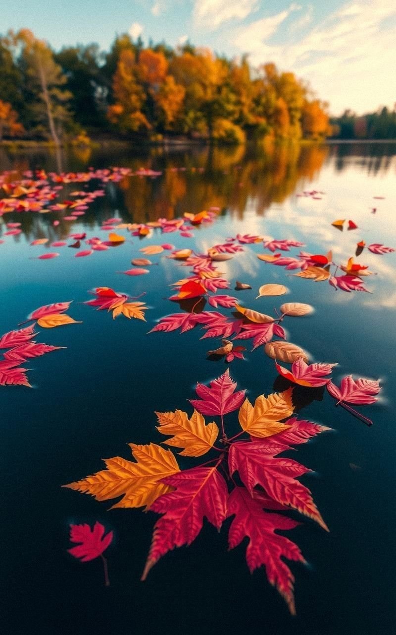 Serene Lake with Floating Autumn Leaves