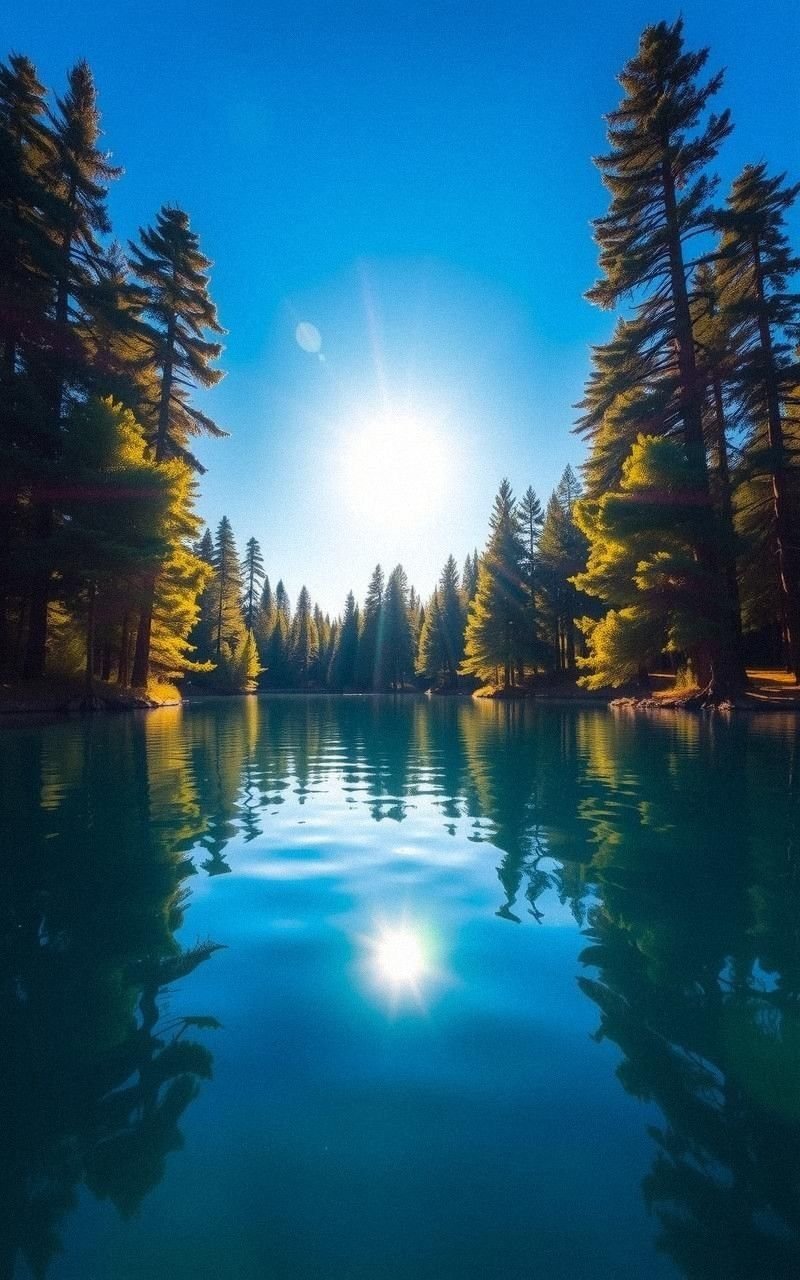 Sunlit Lake with Reflected Pines and Blue Sky