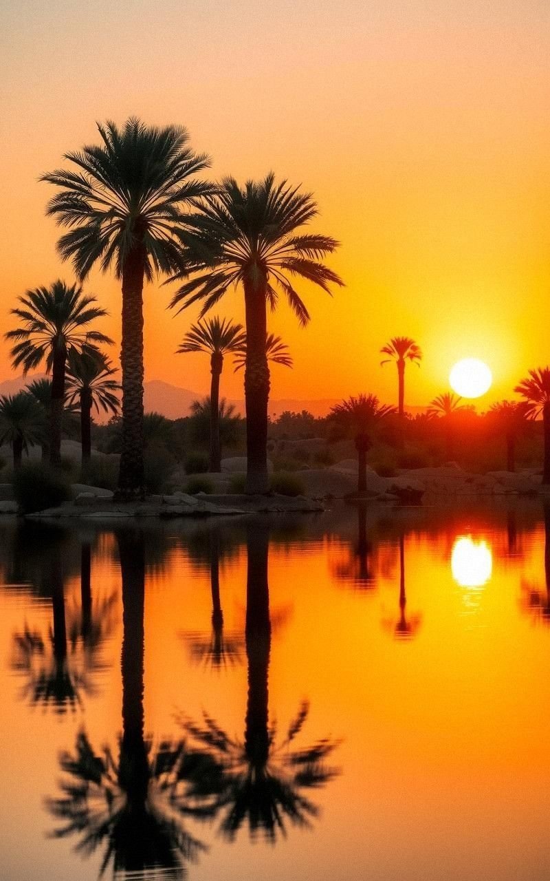 Sunset Glow on Desert Oasis Lake Reflection