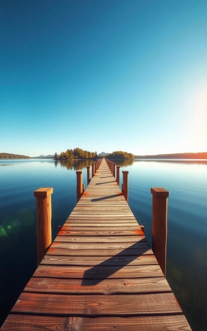 Sunshine Pier Overlooking Still Lake Reflection