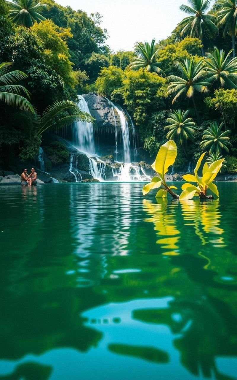Tropical Waterfall Lake Reflection Scene
