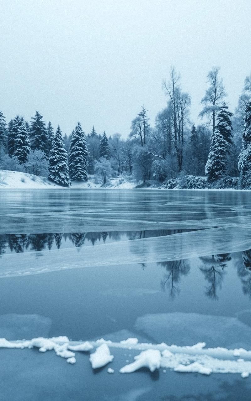 Winter Lake Reflection with Snowy Trees