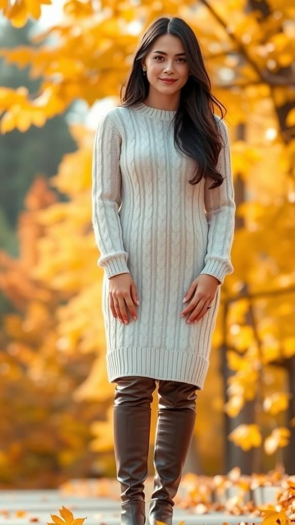 Cable Knit Dress With Knee-High Boots