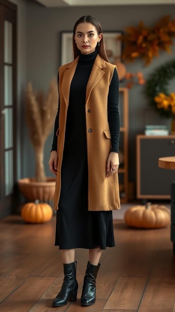 Longline Vest Layered Over a Turtleneck Dress