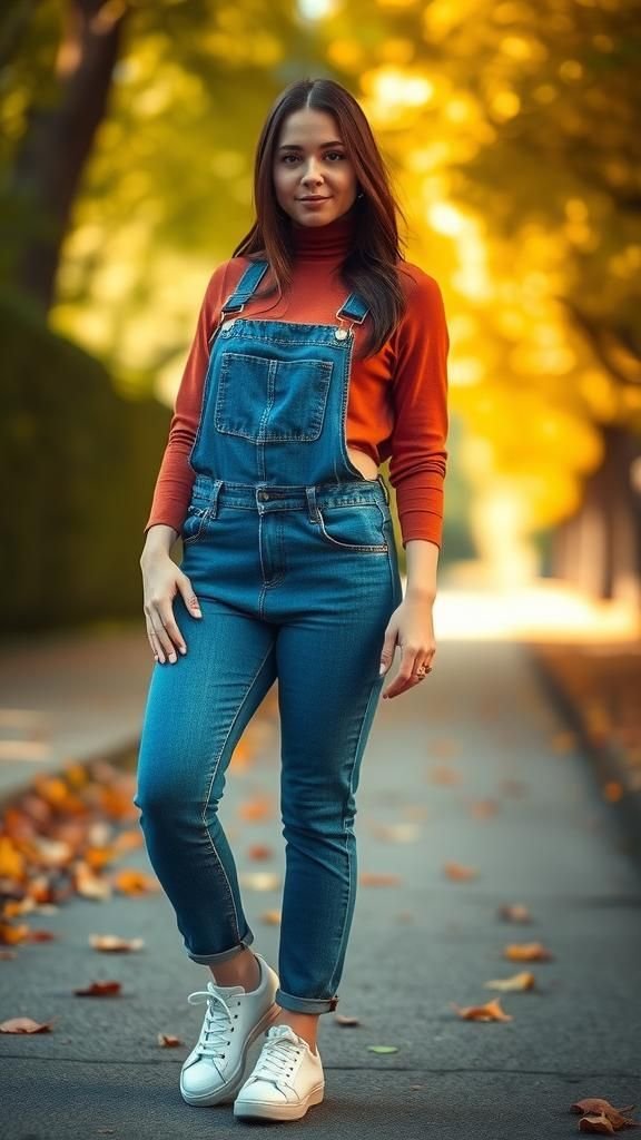 Mock Neck Top With Denim Overalls