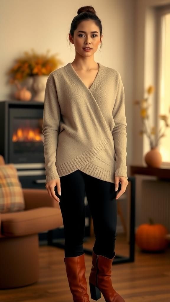 Wrap Sweater Paired With Slim Pants