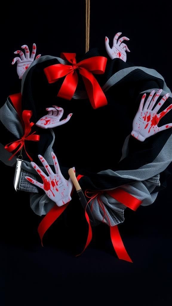 Bloody Handprints and Red Ribbon Horror Wreath