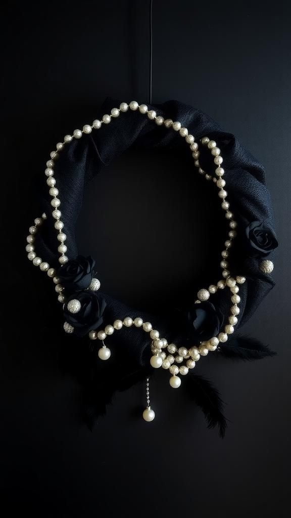 Elegant Black Lace and Pearl Halloween Wreath