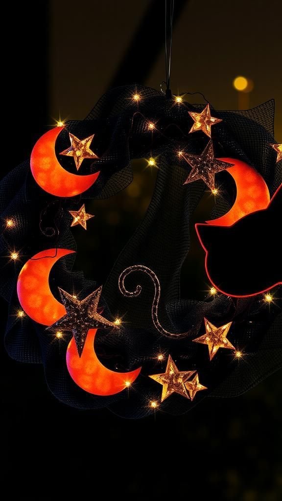 Glittery Black Cat and Moonlight Halloween Wreath