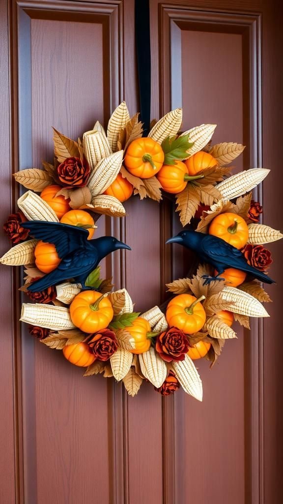 Harvest Pumpkin and Corn Husk Halloween Wreath
