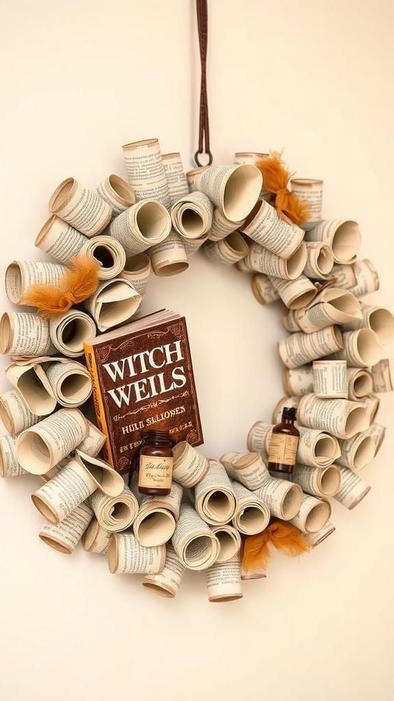 Vintage Newspaper and Witch Spellbook Halloween Wreath