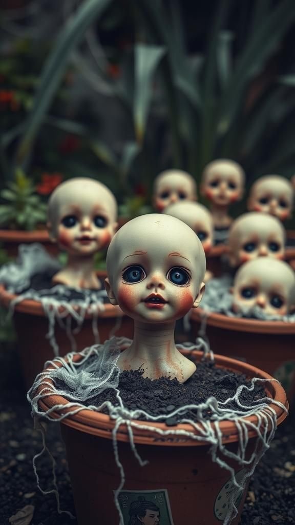 Creepy Doll Heads Peeking Out of Flower Pots