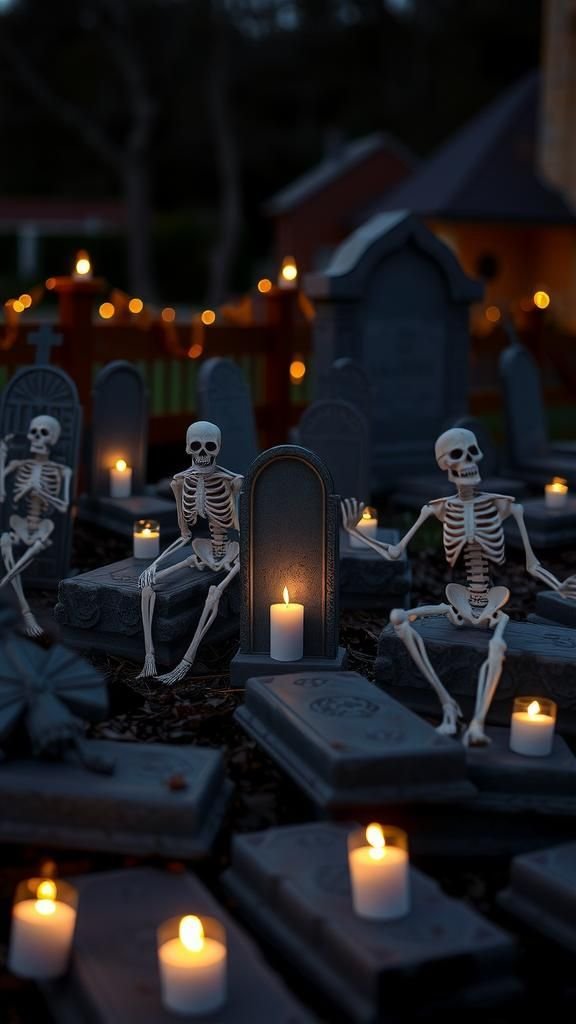 Graveyard Scene with Tombstones and Skeletons