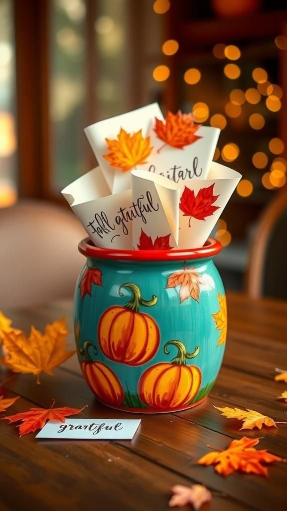 Colorful Ceramic Jar with Fall Motifs
