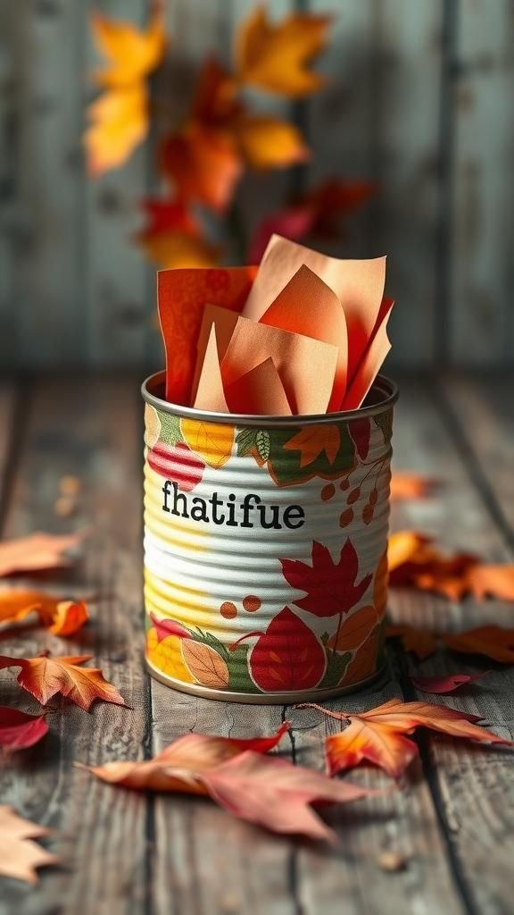 Tin Can Painted with Fall Colors as Gratitude Jar