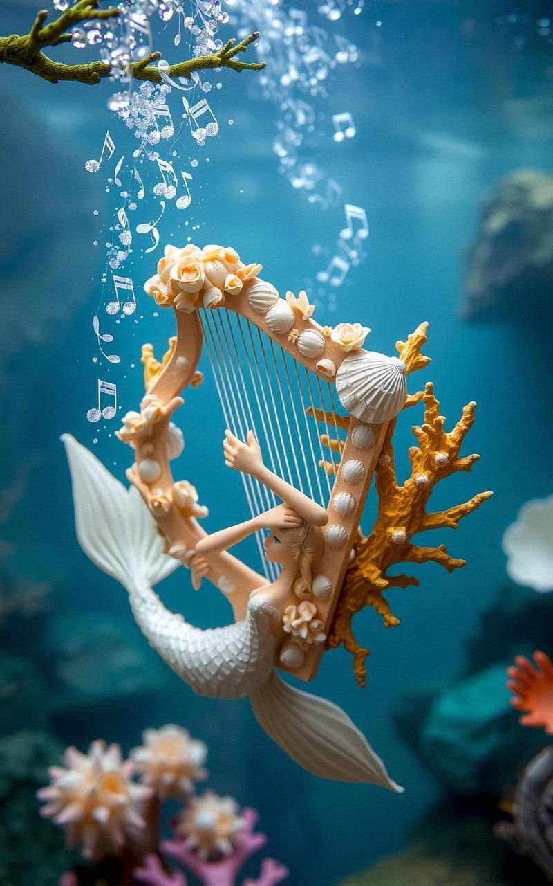 Mermaid Playing Harp Made of Seashells and Coral
