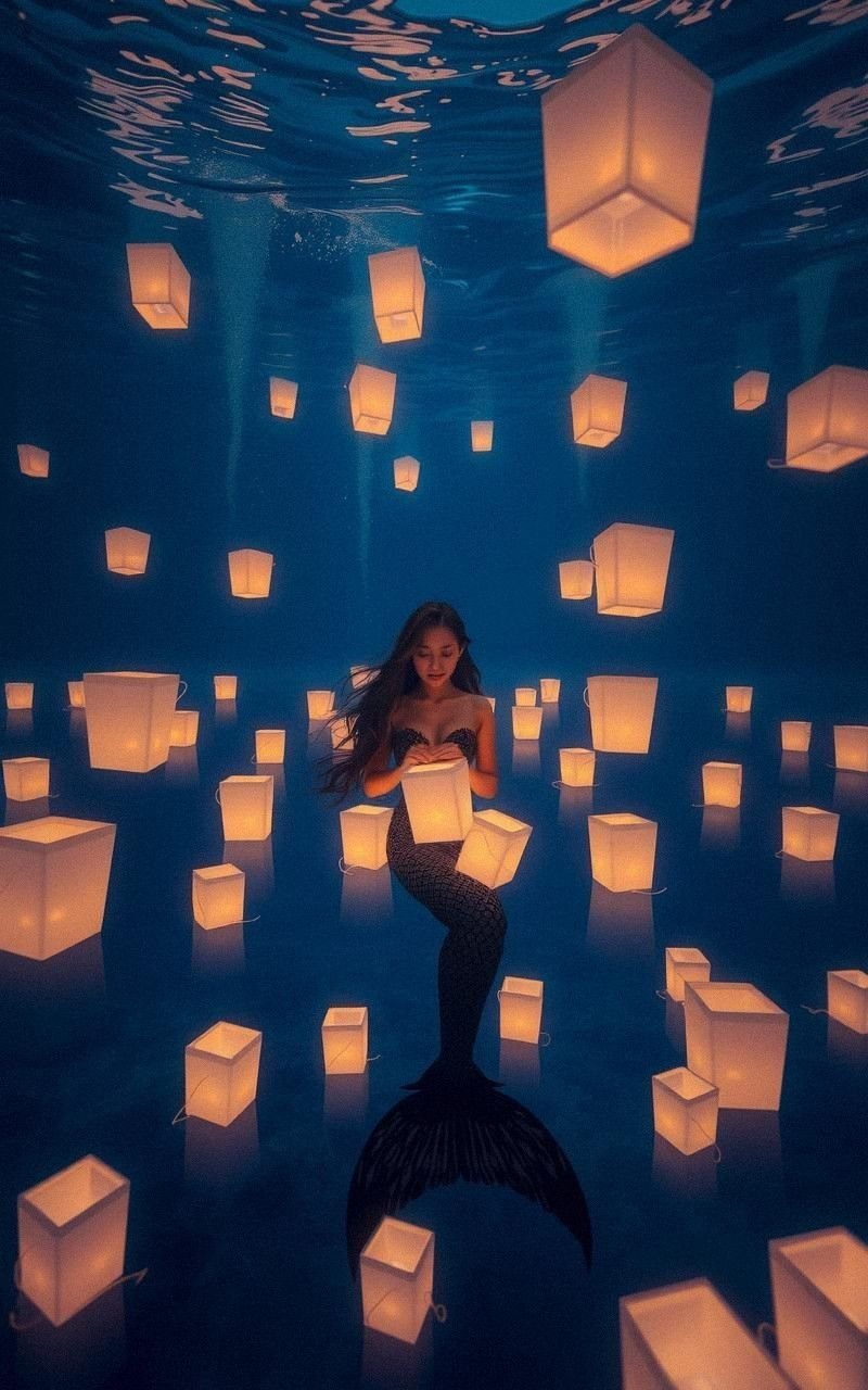 Mermaid Surrounded by Floating Lanterns in Twilight