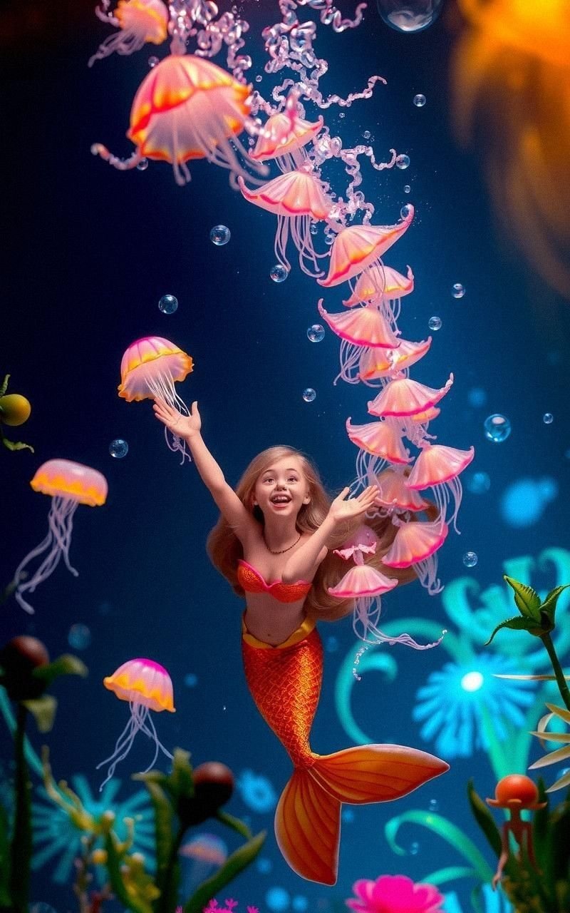 Whimsical Mermaid Playing with Magical Sea Creatures