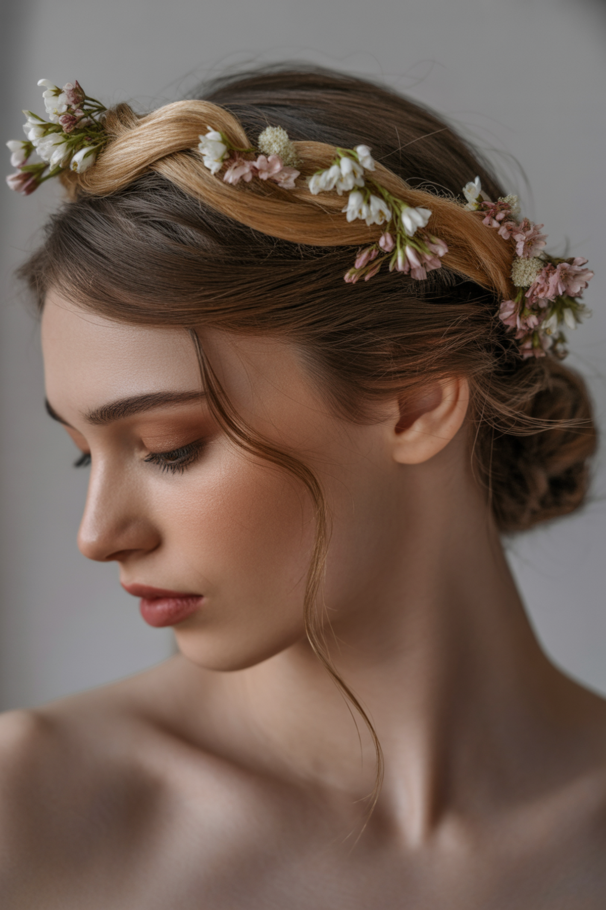 Twisted Crown Braid with Floral Accents