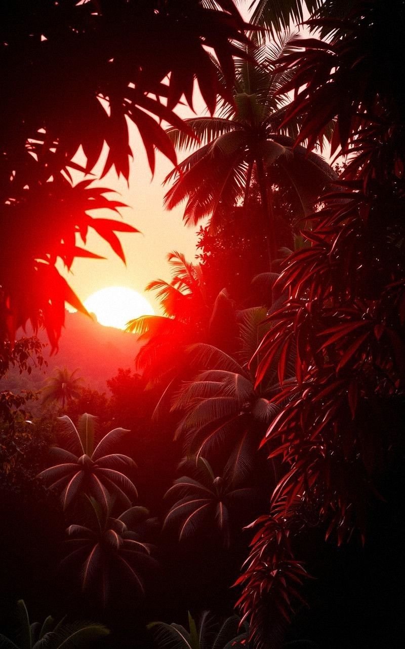 Crimson Sunset Lighting Up Tropical Rainforest Canopy