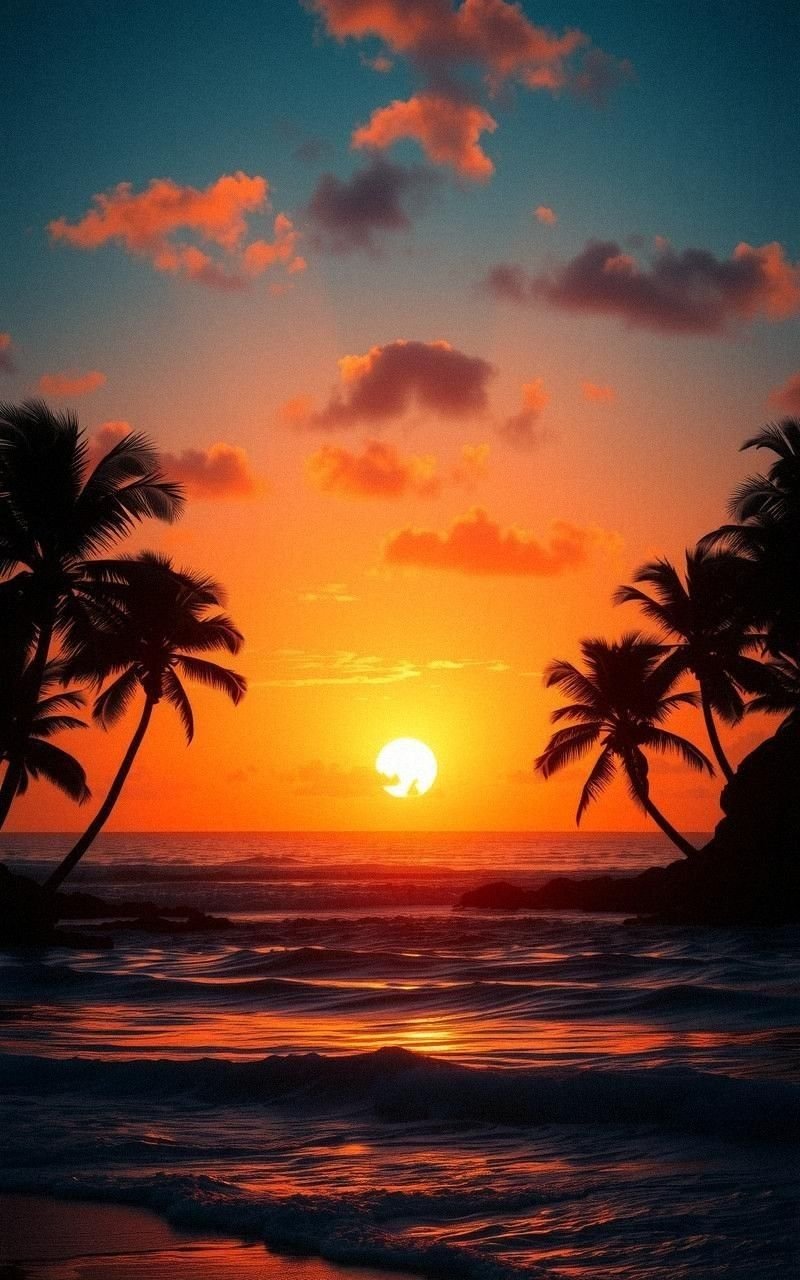 Golden Hour Glow Over Palm-Fringed Shoreline