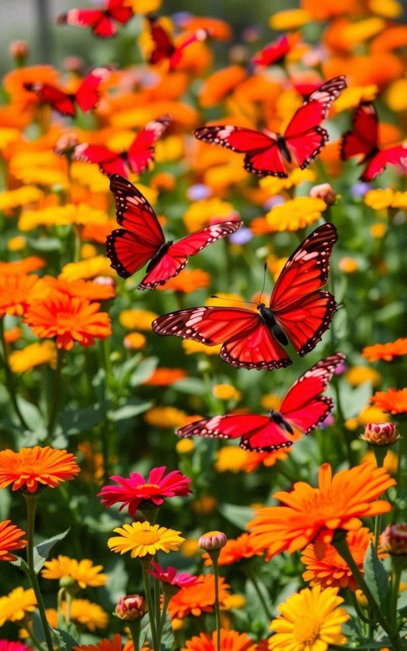 Bright Red Butterflies in a Vibrant Garden Explosion