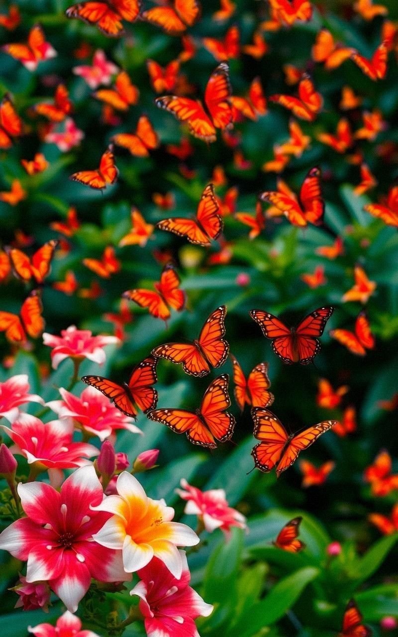 Colorful Swarm of Butterflies Over Tropical Blossoms