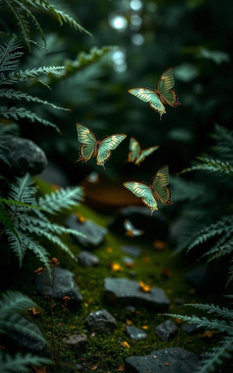 Delicate Green Butterflies in a Secret Garden