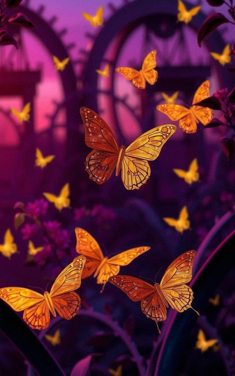 Golden Butterfly Silhouettes in Twilight Gardens