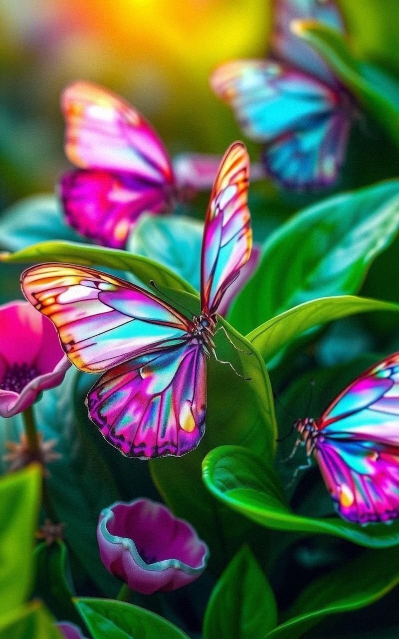 Iridescent Butterflies Among Shimmering Garden Leaves